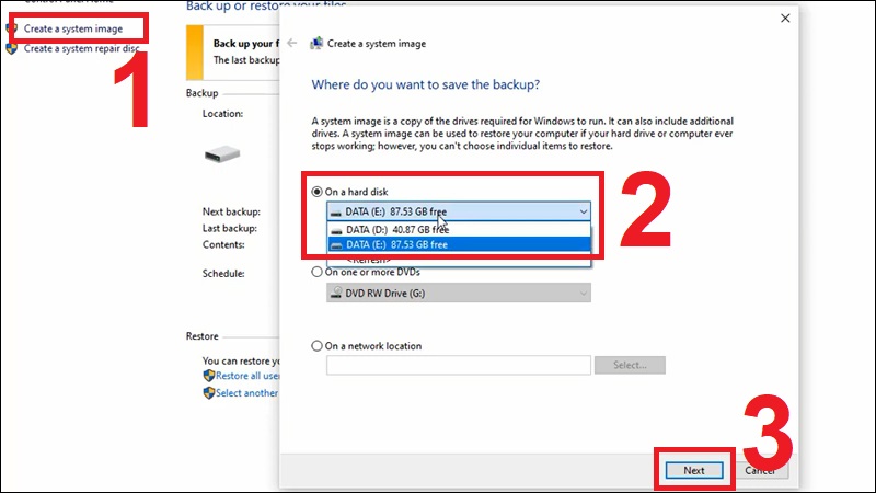 Nhấn Create a system image v&agrave; chọn nơi sẽ chứa dữ liệu sao lưu
