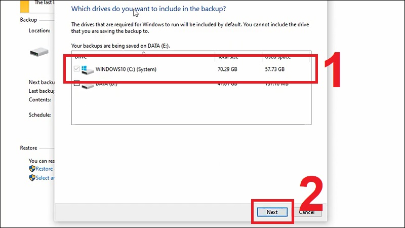 Chọn ổ đĩa cần sao lưu dữ liệu v&agrave; nhấn Next