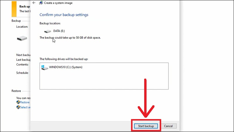 X&aacute;c nhận lại th&ocirc;ng tin v&agrave; chọn Start Backup