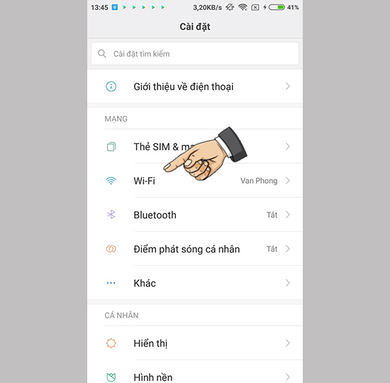 Vào cài đặt