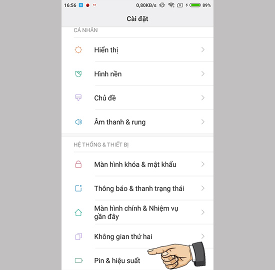 Vào cài đặt Pin