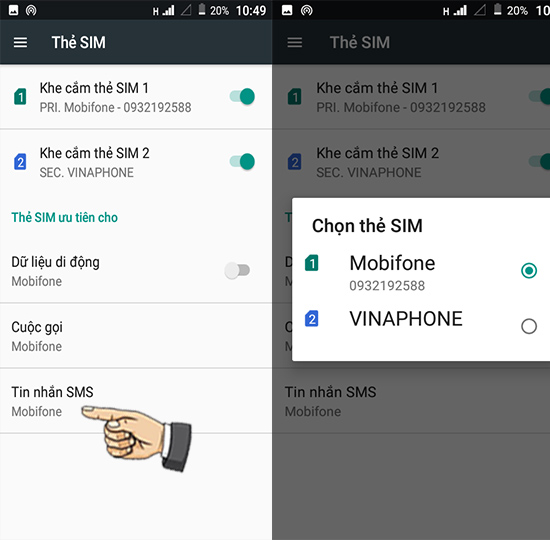 Bước 4: Chọn sim khi nhắn tin.