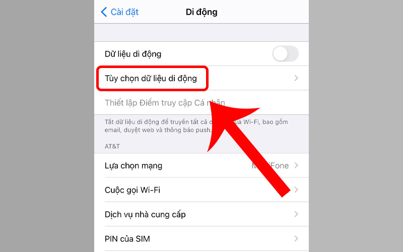 Nhấn chọn Tùy chọn dữ liệu di động