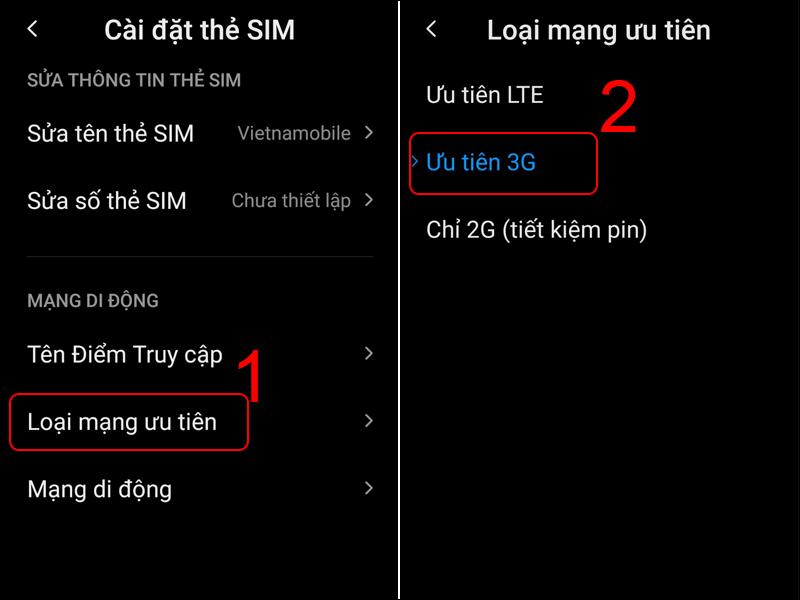 Chọn Loại mạng ưu tiên và chọn Ưu tiên 3G