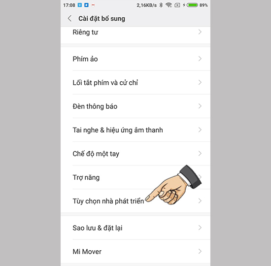 ​Vào tùy chọn nhà phát 
