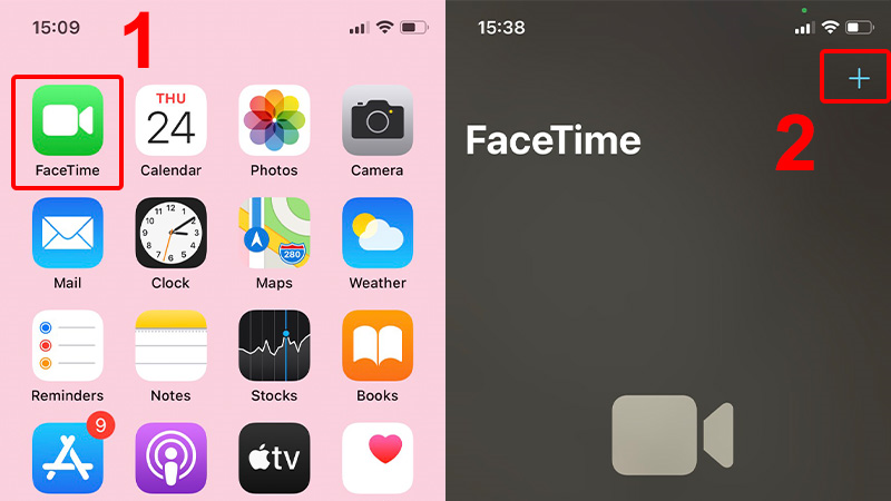 Mở FaceTime và chọn biểu tượng dấu + ở trên cùng bên phải