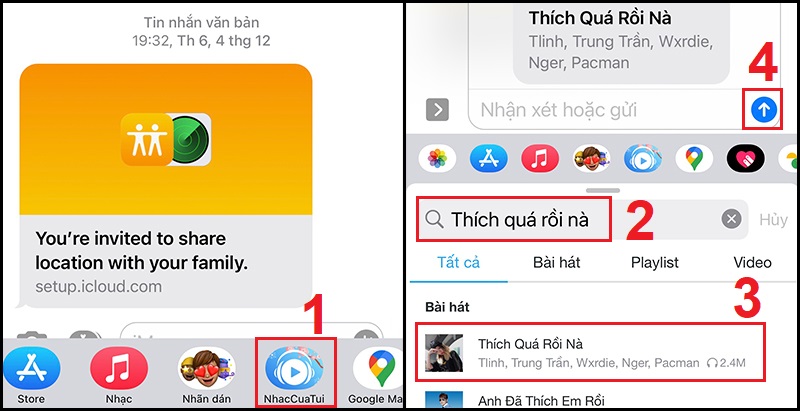 Chọn bài hát từ NhacCuaTui và gửi trên iMessage