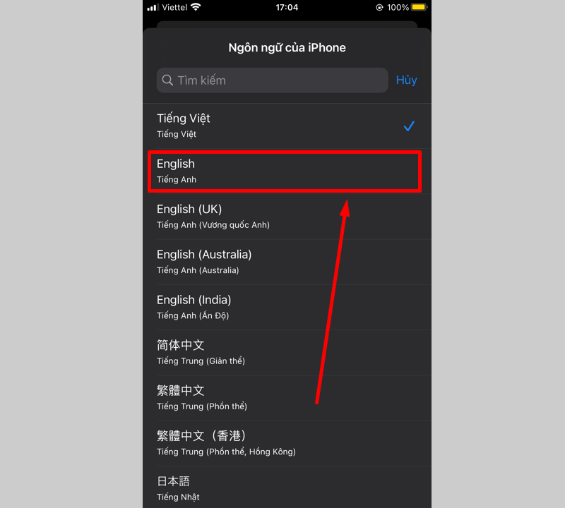 Chọn ngôn ngữ mong muốn đổi sang