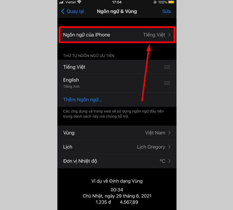 Thực hiện chọn Ngôn ngữ của iPhone trong mục Ngôn ngữ & Vùng