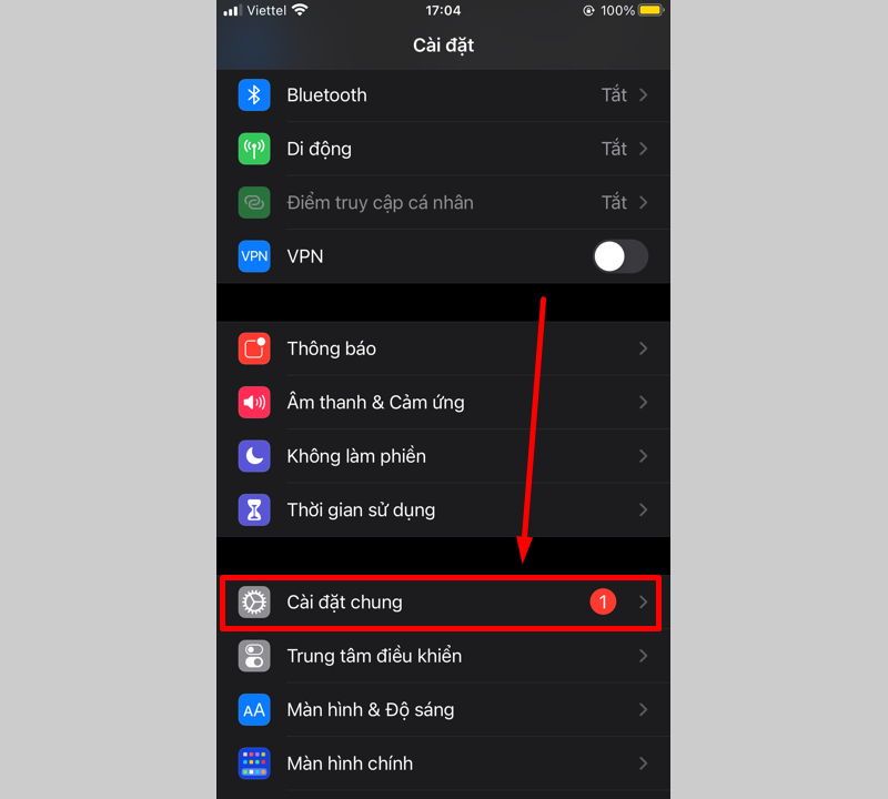 Nhấn mục Cài đặt chung trong ứng dụng Cài đặt