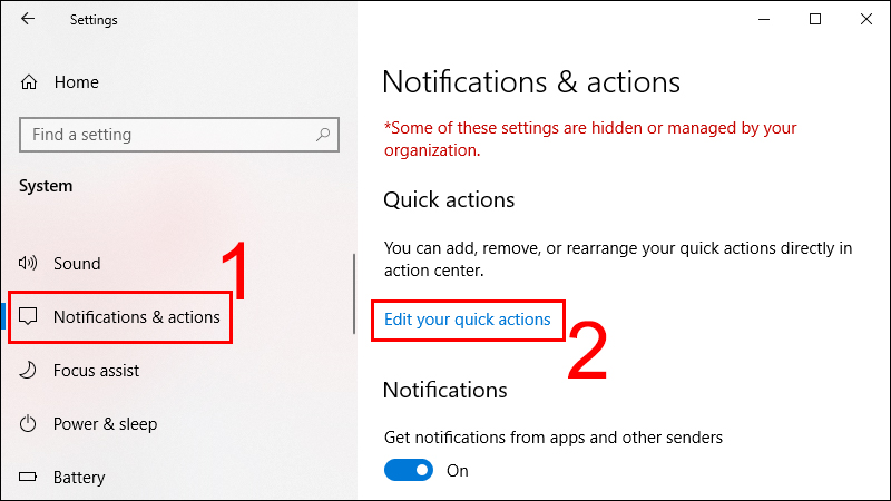 Chọn Notifications & actions và chọn Edit your quick actions