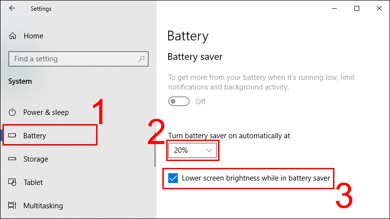  Chọn Battery sau đó chọn mức phần trăm pin bạn muốn tính năng tự bật ở Turn battery saver on automatically at và chọn Lower screen brightness while in battery saver