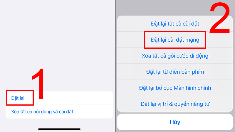 Vào Đặt lại và chọn Đặt lại Cài đặt Mạng