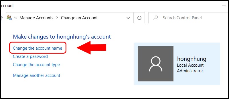 Chọn Change the account name để tiến hành đổi tên màn hình khóa