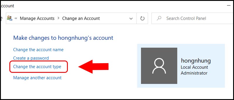 Chọn Change account type để khôi phục lại thành User Admin