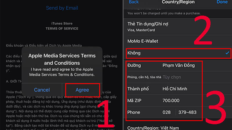 Chọn Agree > Chọn Không > Nhập thông tin để chuyển vùng quốc gia