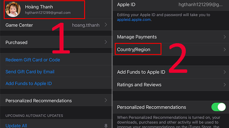Chọn vào iCloud của bạn > Chọn Country/Region