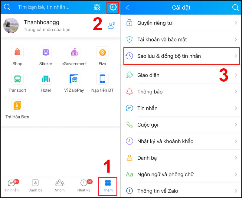 Chọn Sao lưu & đồng bộ tin nhắn
