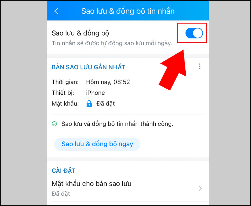 Bật mục Sao Lưu & đồng bộ 