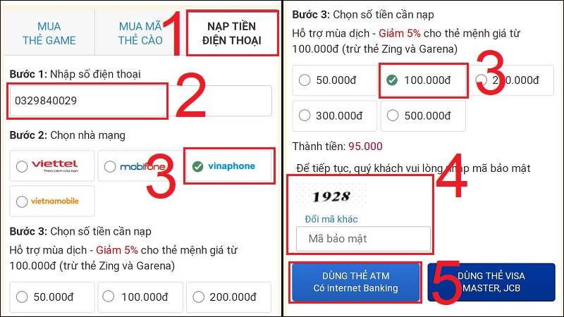 Nhập thông tin, chọn nhà cung cấp và mệnh giá mua thẻ