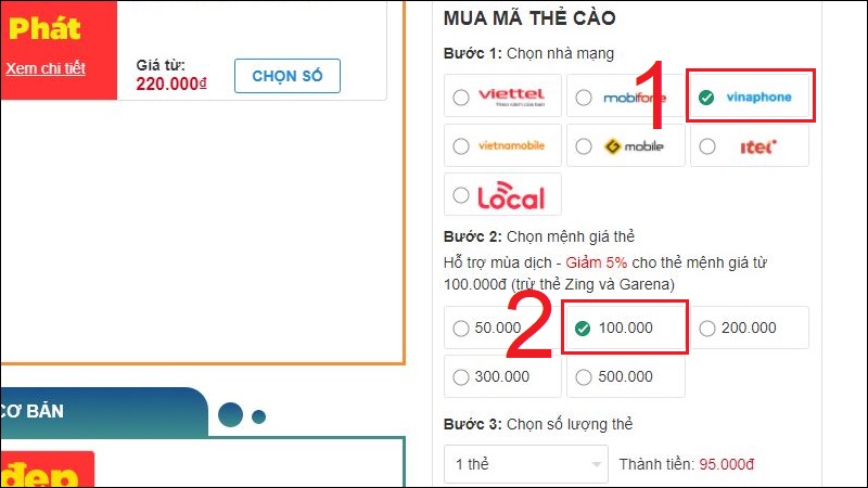 Chọn nhà cung cấp và mệnh giá mua thẻ