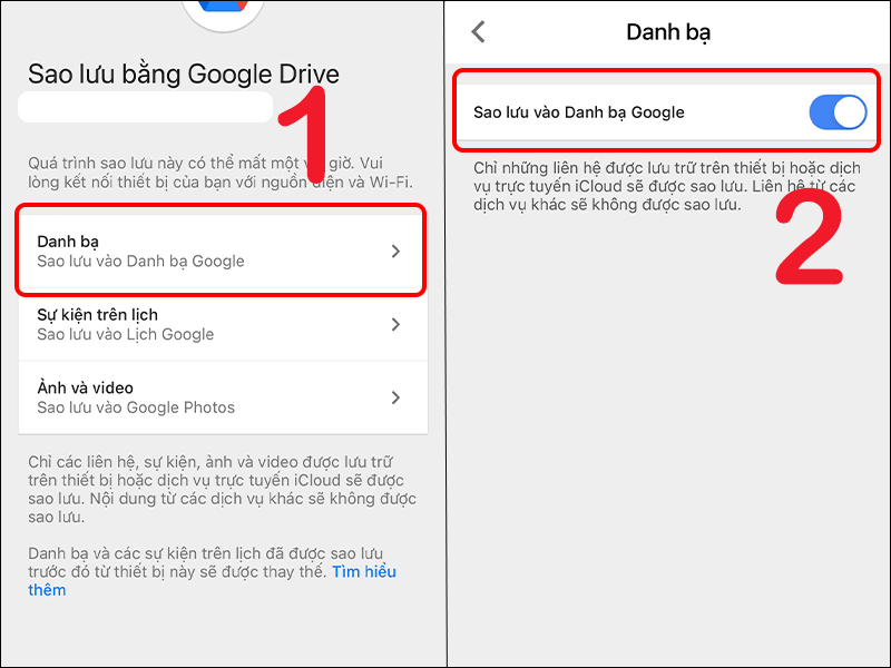 Bật Sao lưu vào danh bạ Google