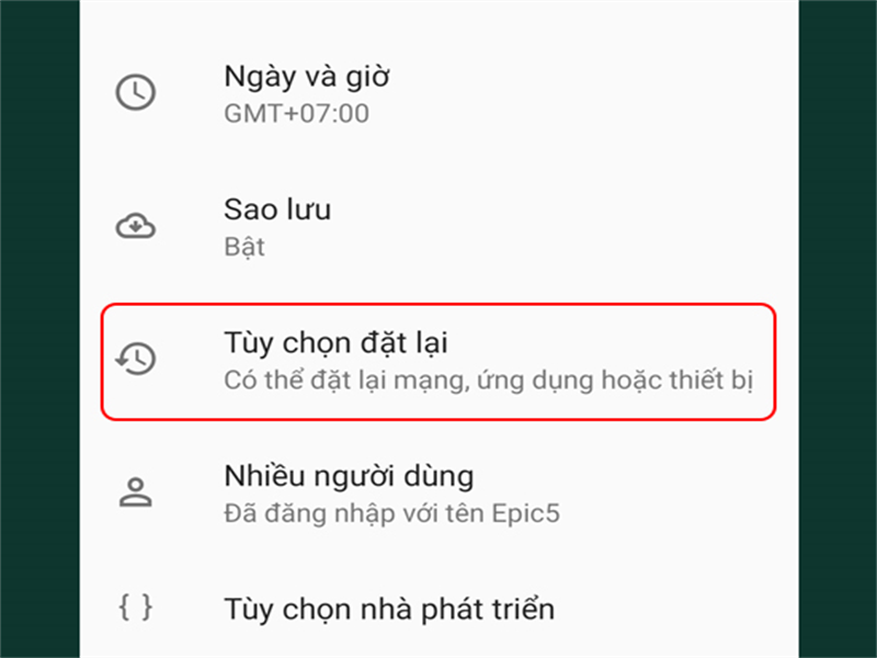 Bước 2: Nhấp vào Tùy chọn đặt lại.