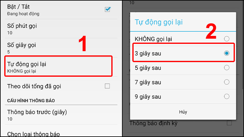 Thiết lập thời gian tự động gọi lại