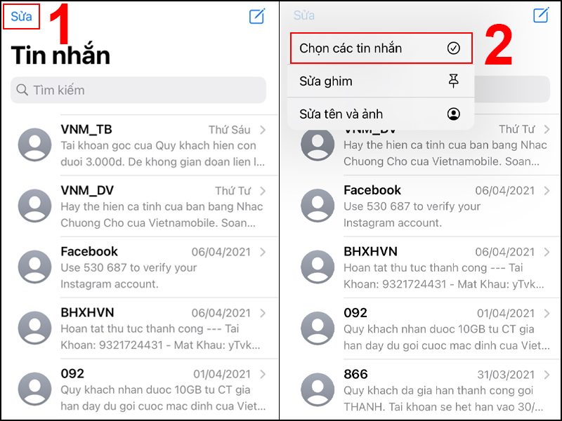Chọn Sửa và mục Chọn các tin nhắn