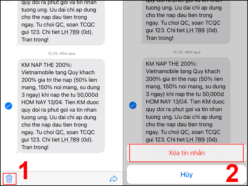Chạm vào biểu tượng thùng rác và chọn Xóa tin nhắn để xác nhận xóa tin nhắn đã chọn