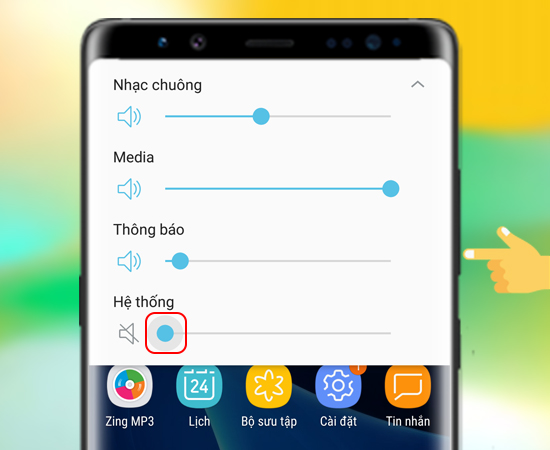 - CÁCH 2: Bạn nhấn phím tăng hoặc giảm âm lượng để hiện ra khu vực chỉnh âm lượng > Kéo hình tròn màu xanh ở Hệ thống về hết bên trái để tắt âm thanh.