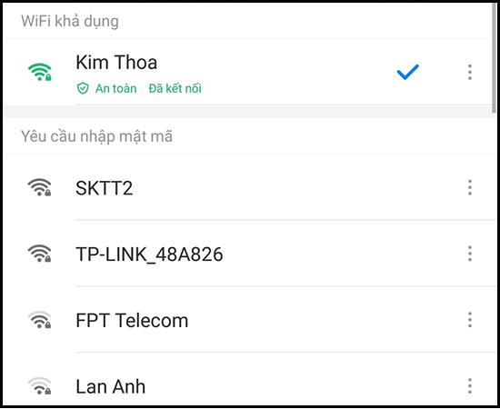 - Bước 5: Khi Wifi có stick xanh là đã kết nối thành công