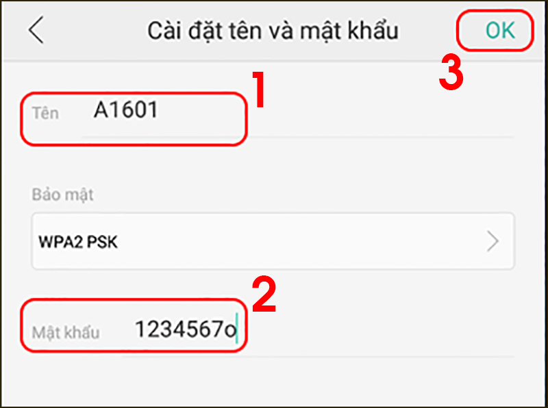 Đặt tên WiFi và mật khẩu