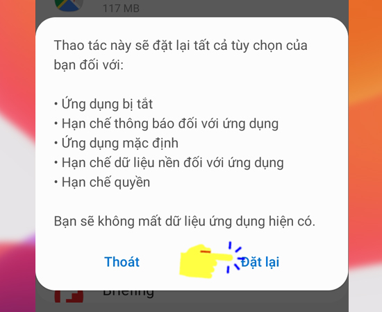Bước 4: Cuối c&ugrave;ng bạn h&atilde;y chọn Đặt lại để ho&agrave;n tất qu&aacute; tr&igrave;nh thiết lập.
