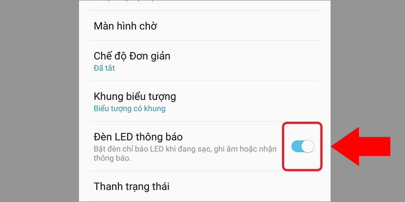 Bật tính năng Đèn LED thông báo