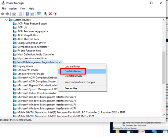 Nhấn chuột phải vào Intel(R) Managerment Engine Interface, chọn Disable device để vô hiệu hóa tạm thời Driver. Sau đó thử tắt máy tính đi xem đã được chưa nhé.