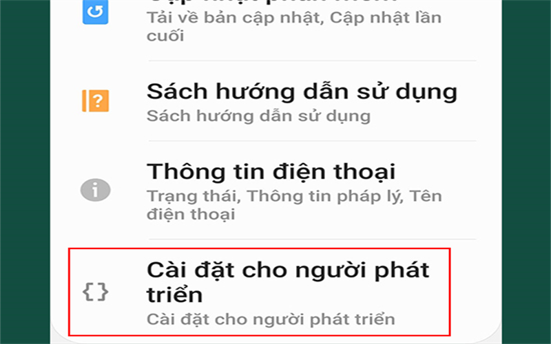 Bước 4: Trở về Cài đặt, chọn mục Cài đặt cho nhà phát triển.