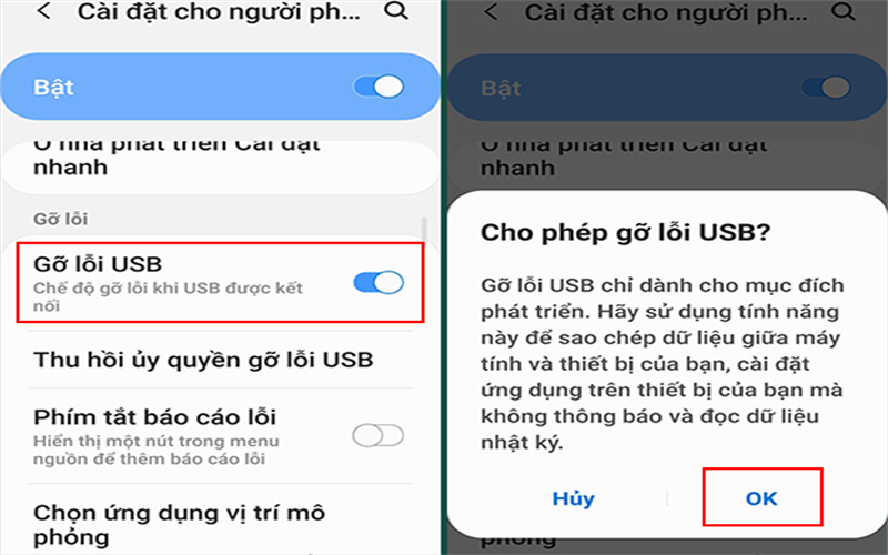 Bước 5: Cuối cùng, hãy bật Gỡ lỗi USB lên là xong.
