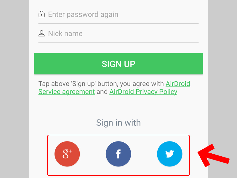 Đăng nhập AirDroid bằng tài khoản Google, Facebook hoặc Twitter