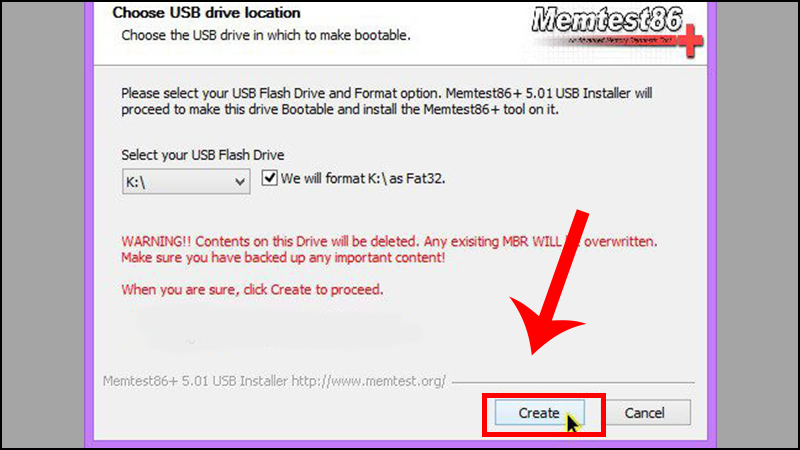 Bấm Create để tạo USB