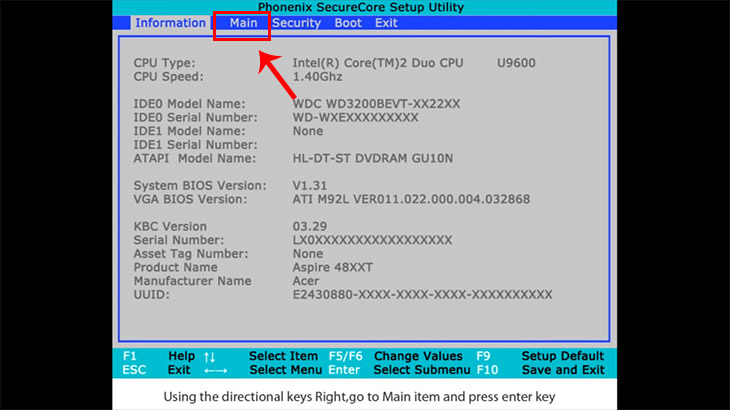  Bước 2: Sử dụng phím di chuyển Phải trên bàn phím để đi đến mục Main.