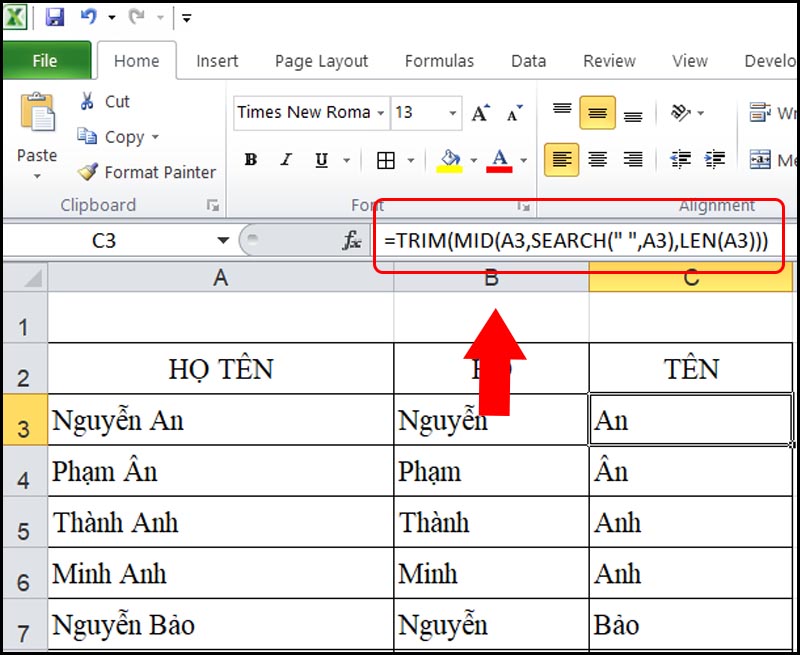 Công thức hàm MID dùng để tách tên