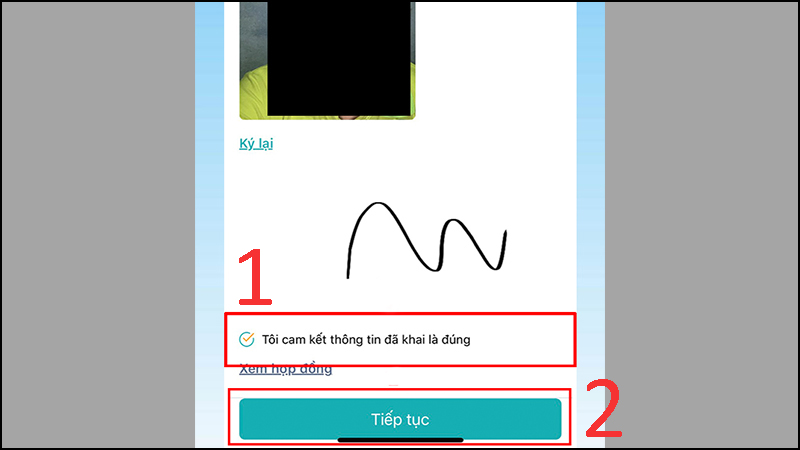 Sau khi ký tên, chọn dấu tích vào Tôi cam kết thông tin đã khai là đúng  Chọn Tiếp tục
