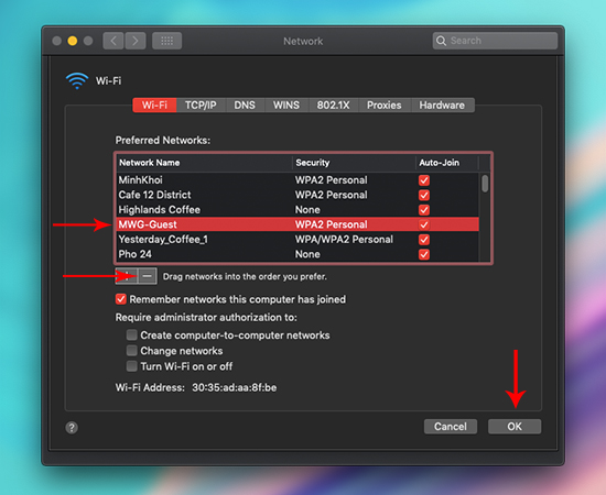 Ngay taị tab Wi-Fi này các bạn chọn mạng cần xoá, sau đó bấm vào dấu trừ, sau đó chọn done