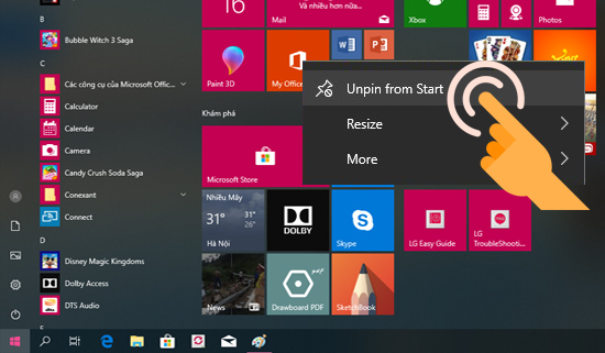 Bấm chuột phải chọn Unpin from Start