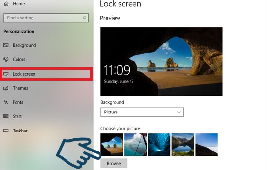 Chọn thẻ Lock screen và tìm đến Browse