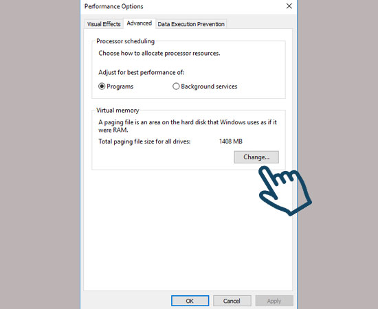 ​Tiếp tục chọn tab Advanced rồi chọn nút Change