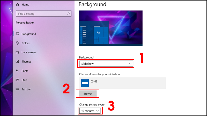 Cách làm hình nền máy tính thay đổi liên tục trên Win 10