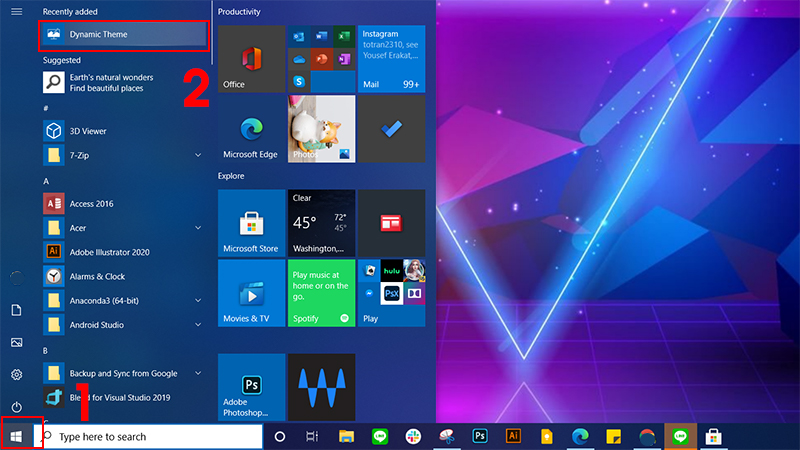 Sau khi cài đặt kết thúc, nhấn vào biểu tượng Start Menu > Nhấn vào ứng dụng Dynamic Theme để thiết lập lại.