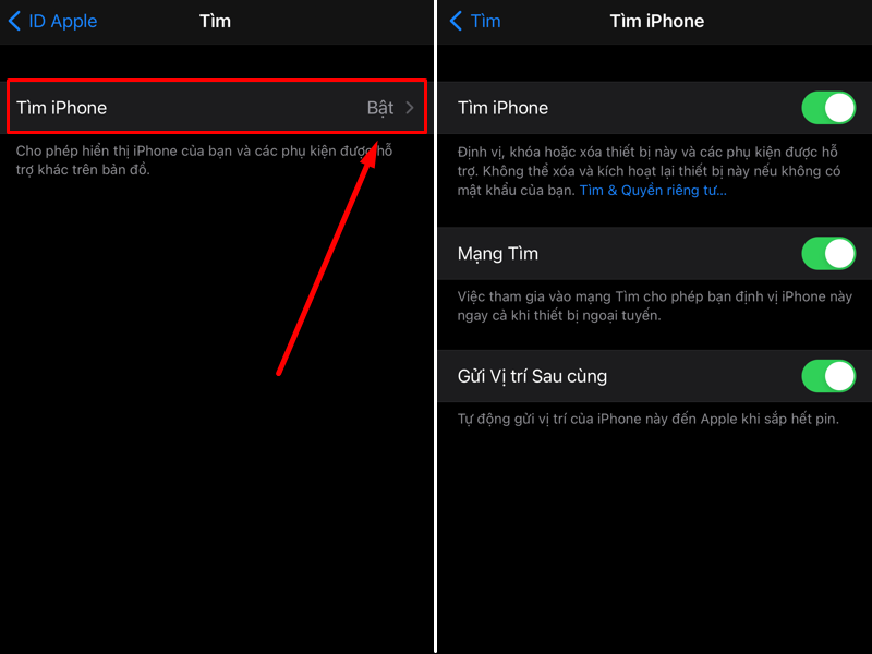 Bật tính năng định vị Find my iPhone